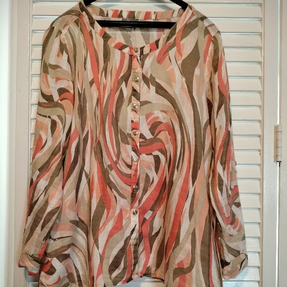 JM Collection Coral,tan and white linen shirt - Picture 1 of 5